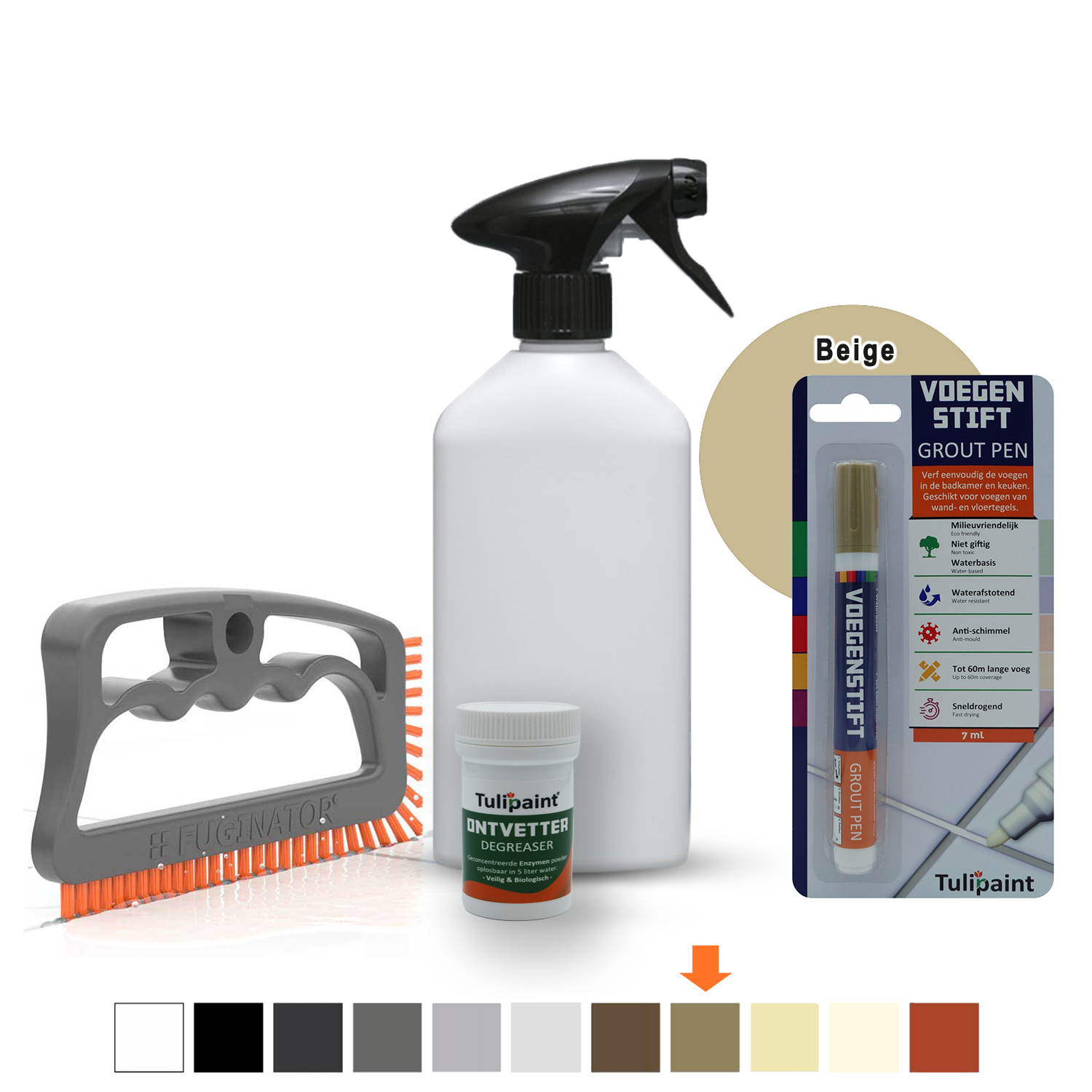 Bio+Eco Reng�ringss�t  (fugeb�rste + Affedtningsmiddel + tom sprayflaske) + fugepen
