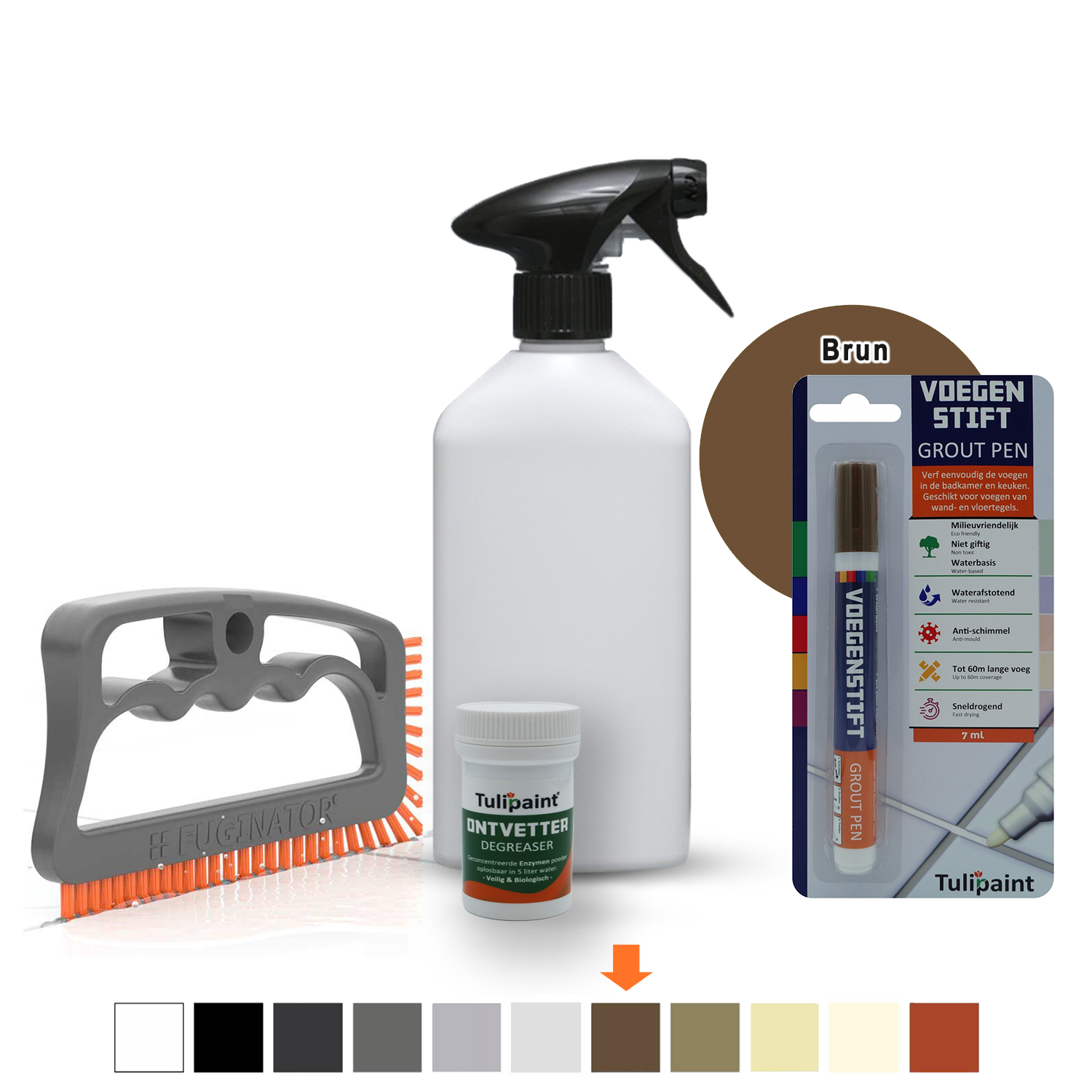 Bio+Eco Reng�ringss�t  (fugeb�rste + Affedtningsmiddel + tom sprayflaske) + fugepen