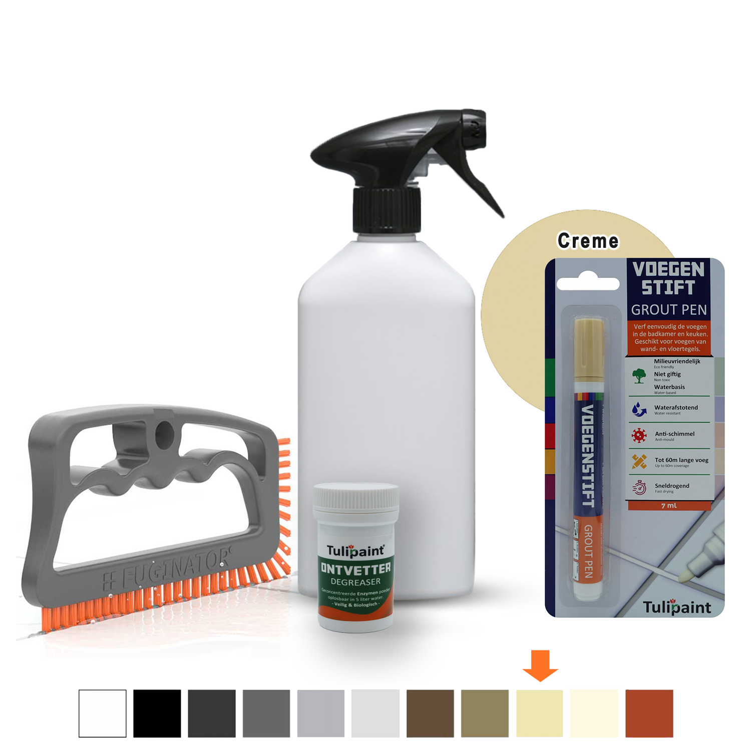Bio+Eco Reng�ringss�t  (fugeb�rste + Affedtningsmiddel + tom sprayflaske) + fugepen