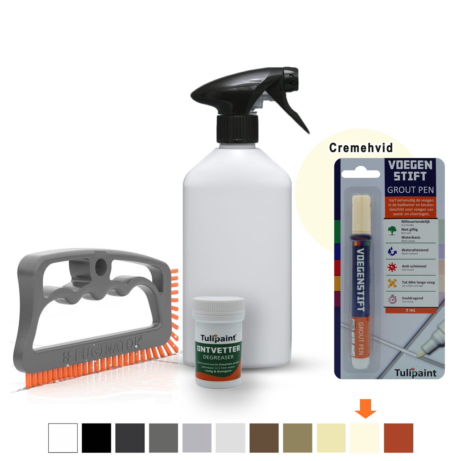 Bio+Eco Reng�ringss�t  (fugeb�rste + Affedtningsmiddel + tom sprayflaske) + fugepen