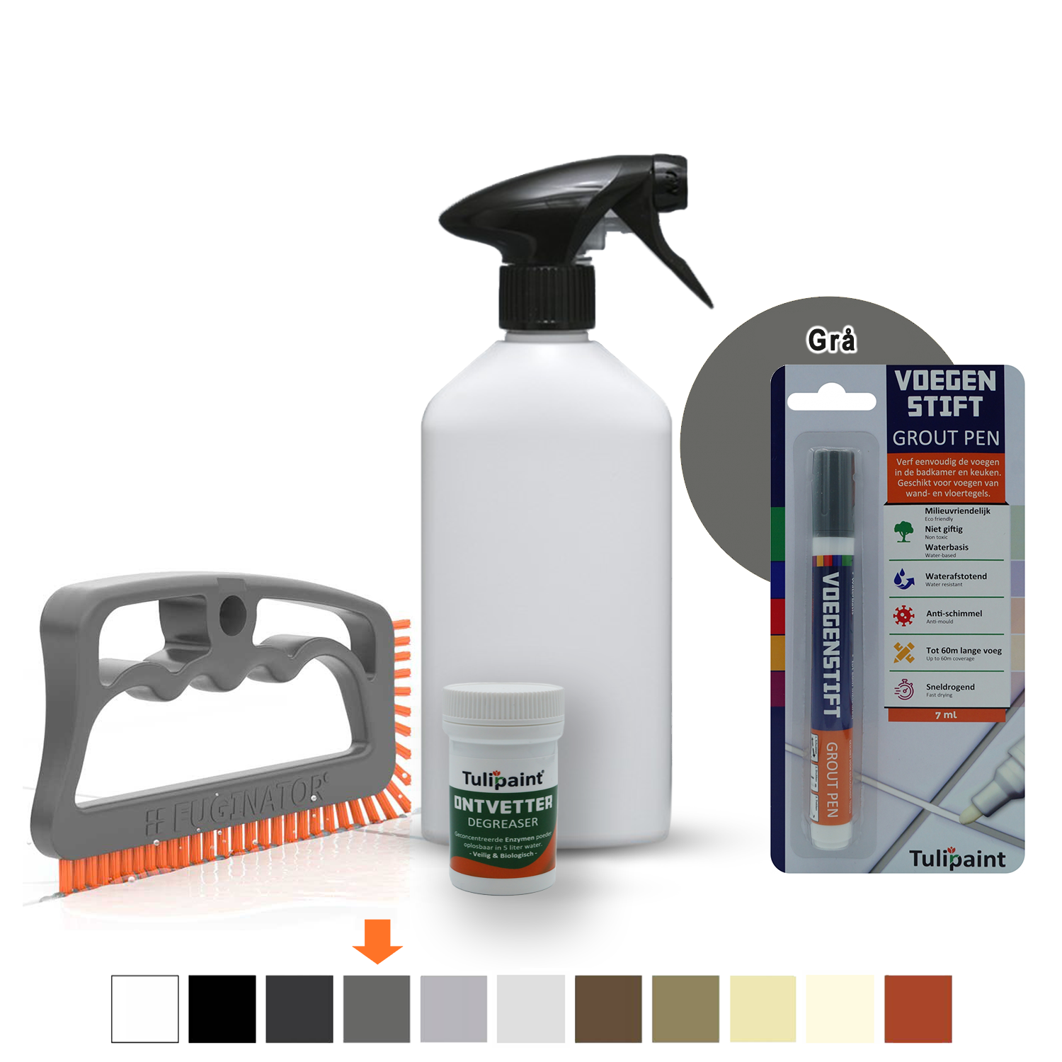 Bio+Eco Reng�ringss�t  (fugeb�rste + Affedtningsmiddel + tom sprayflaske) + fugepen