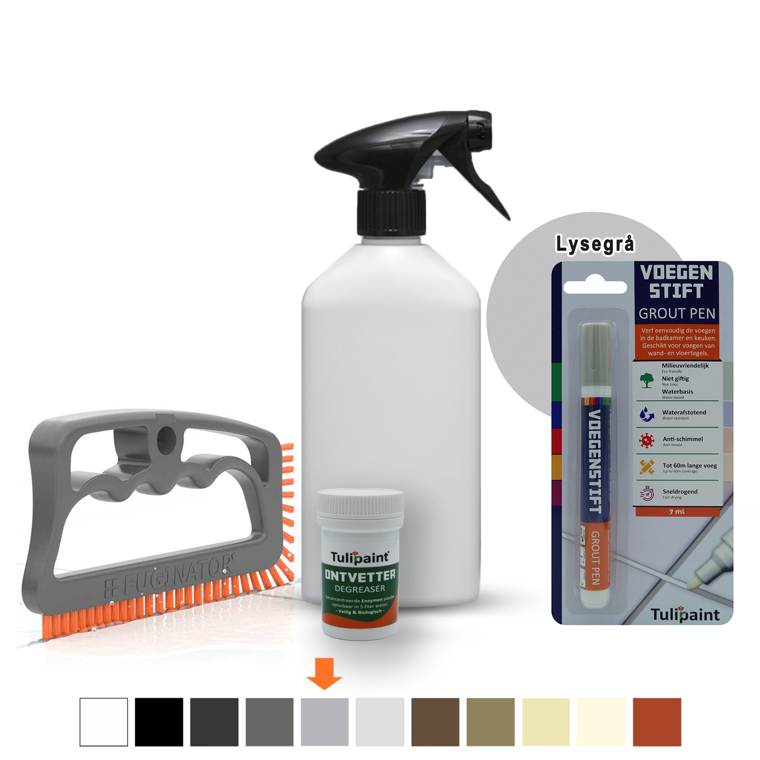Bio+Eco Reng�ringss�t  (fugeb�rste + Affedtningsmiddel + tom sprayflaske) + fugepen