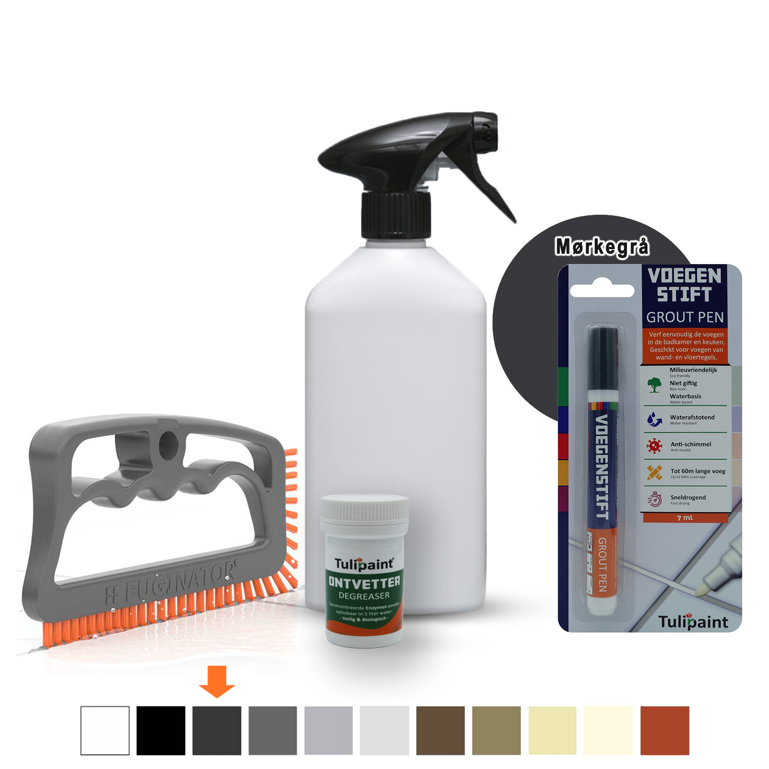 Bio+Eco Reng�ringss�t  (fugeb�rste + Affedtningsmiddel + tom sprayflaske) + fugepen