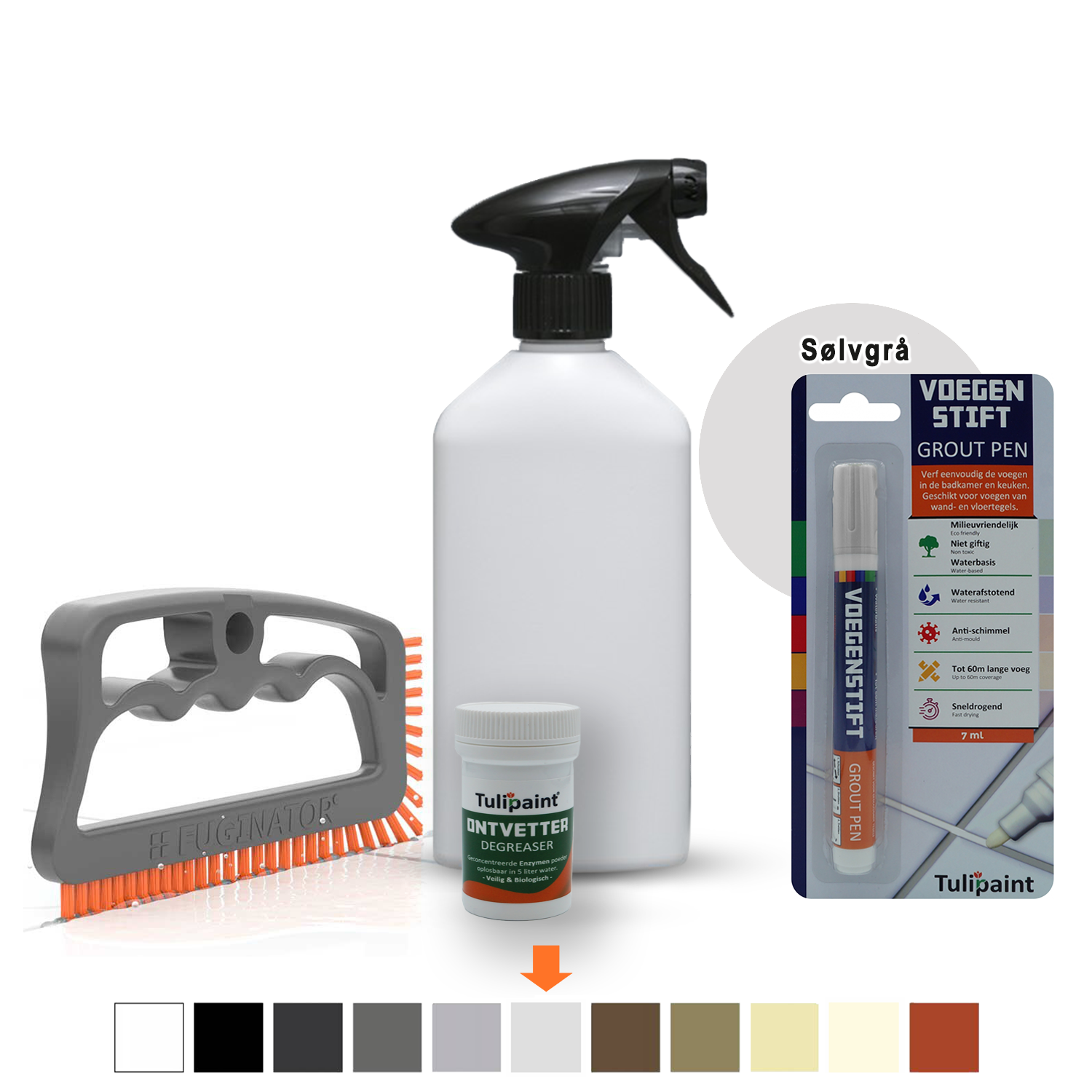 Bio+Eco Reng�ringss�t  (fugeb�rste + Affedtningsmiddel + tom sprayflaske) + fugepen