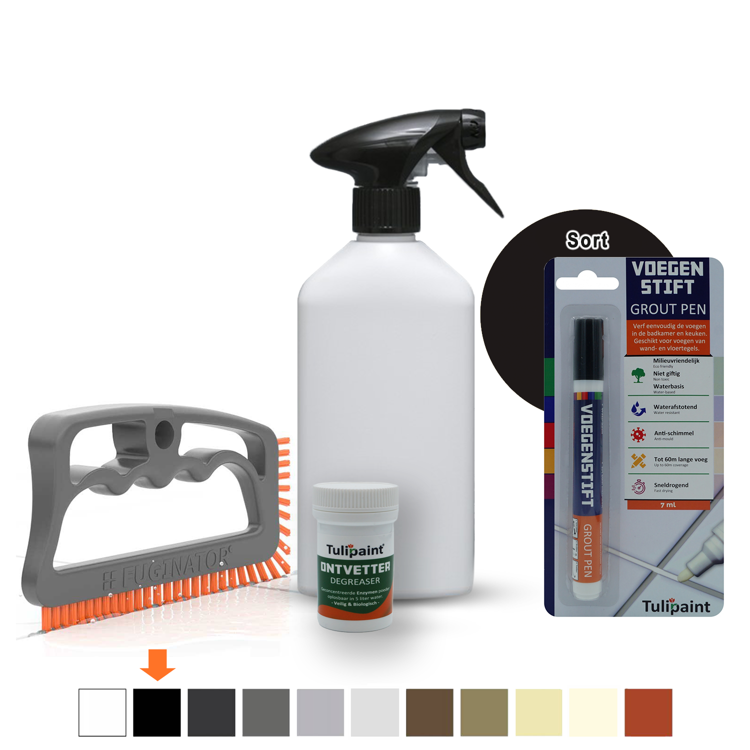 Bio+Eco Reng�ringss�t  (fugeb�rste + Affedtningsmiddel + tom sprayflaske) + fugepen