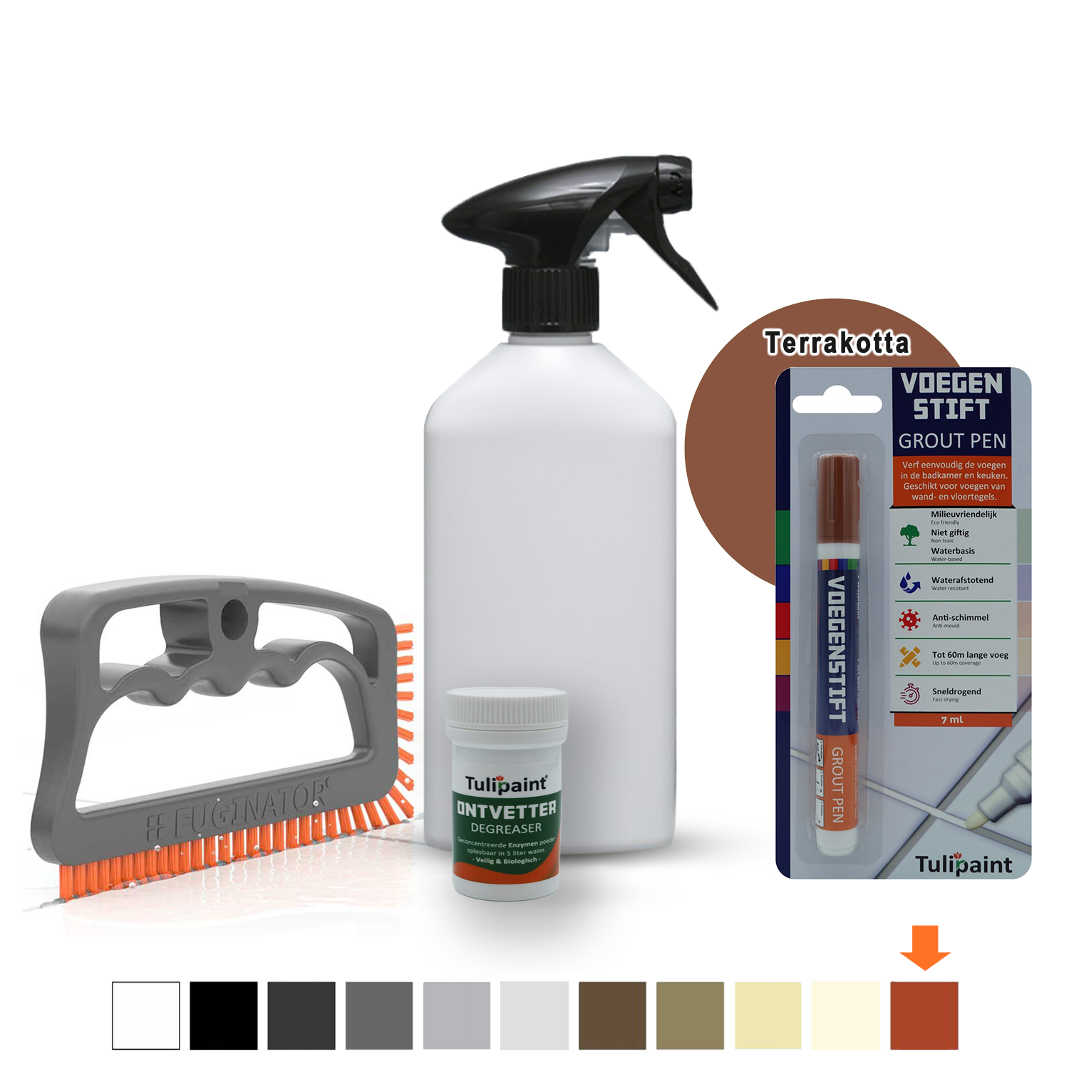 Bio+Eco Reng�ringss�t  (fugeb�rste + Affedtningsmiddel + tom sprayflaske) + fugepen